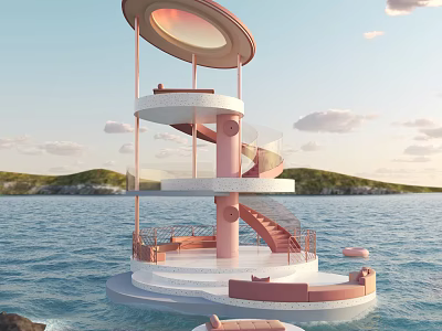 Spiral Road Structure on Waterfront Platform with Pedestrian Walkway and Scenic View 3d model
