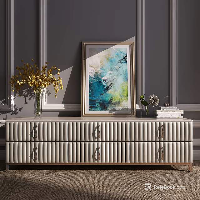 Light Gray Ribbed TV Stand With Metal Handles Decorative Yellow Vase Abstract Painting And Books 3d model 