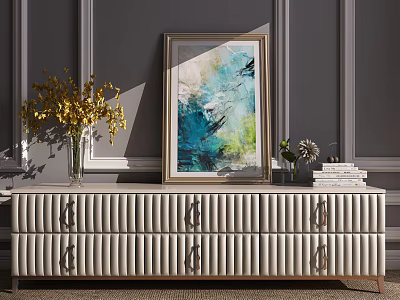Light Gray Ribbed TV Stand With Metal Handles Decorative Yellow Vase Abstract Painting And Books 3d model