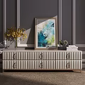 Light Gray Ribbed TV Stand With Metal Handles Decorative Yellow Vase Abstract Painting And Books