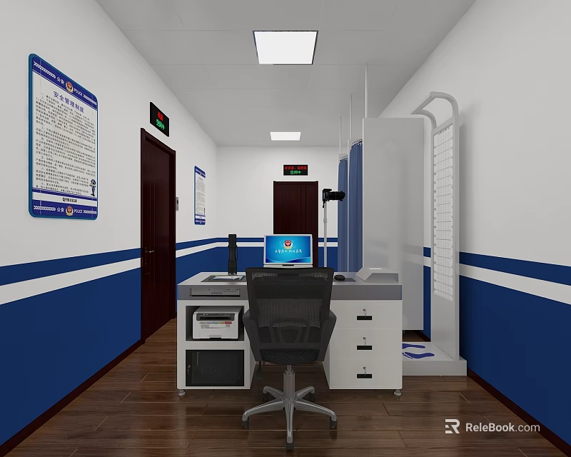 Monitoring Room Interior With Computer Desk Chair And Wall Charts 3d model 
