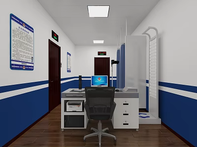 Monitoring Room Interior With Computer Desk Chair And Wall Charts 3d model