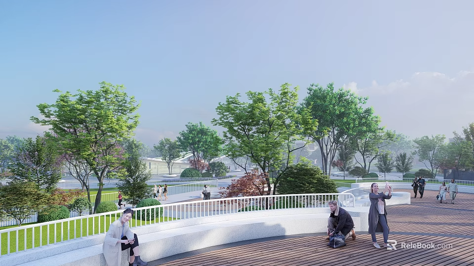 Scenic Park Landscape With Green Trees White Railings People Activities Open Sky And Distant Buildings 3d model 