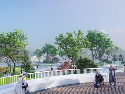 Scenic Park Landscape With Green Trees White Railings People Activities Open Sky And Distant Buildings 3d model