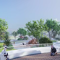Scenic Park Landscape With Green Trees White Railings People Activities Open Sky And Distant Buildings