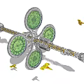 Futuristic Translucent Mechanical Structure With Green Circular Components And Yellow Aircraft 3d model