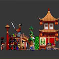Cartoon Chinese Traditional Tower Scene With Red Roof Green Plants And Cartoon Figures
