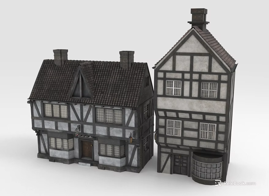 Two Traditional European Timber Framed Buildings With Dark Tiled Roofs Chimneys And Wooden Barrel 3d model 
