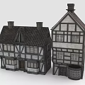 Two Traditional European Timber Framed Buildings With Dark Tiled Roofs Chimneys And Wooden Barrel