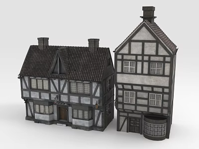 Two Traditional European Timber Framed Buildings With Dark Tiled Roofs Chimneys And Wooden Barrel 3d model