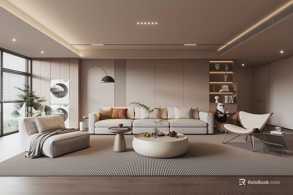 Modern Living Room With Beige Sofa Round Coffee Table Floor Lamp Bookshelf And Green Plants 3d model 