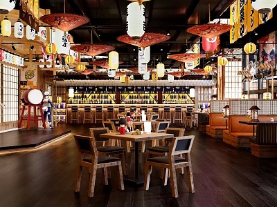 Japanese Restaurant Interior With Red White Lanterns Wooden Tables Chairs Bar Screens Drum Decor 3d model