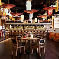 Japanese Restaurant Interior With Red White Lanterns Wooden Tables Chairs Bar Screens Drum Decor