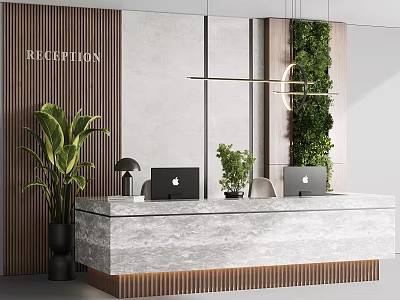 Marble Reception Desk And Chairs With Laptops Plants Wooden Wall And Vertical Green Wall 3d model