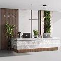 Marble Reception Desk And Chairs With Laptops Plants Wooden Wall And Vertical Green Wall