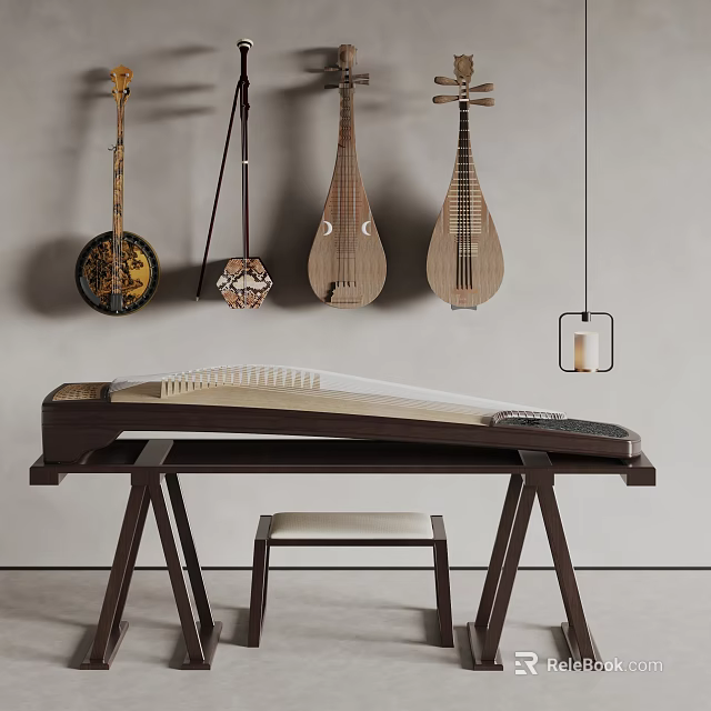 Chinese Traditional Musical Instruments and Art Supplies in Stylish Indoor Display with Hanging and Table Setup 3d model 