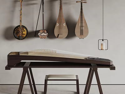 Chinese Traditional Musical Instruments and Art Supplies in Stylish Indoor Display with Hanging and Table Setup 3d model