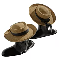 Stylish Straw Hats with Bowknots and Black Pink Red Ribbons on Mannequin