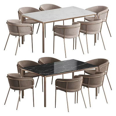Modern Dining Table and Chair Set with Marble Top Beige Seats and Metal Legs 3d model