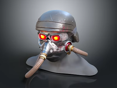 Metallic Combat Helmet With Glowing Red Eyes And Flexible Breathing Tubes 3d model