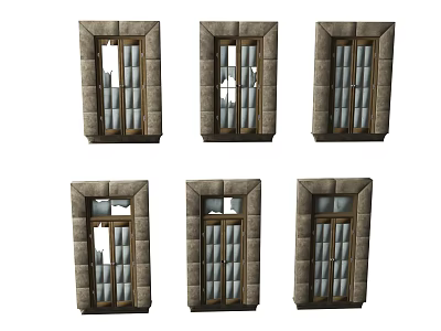 Old Wooden Window Frames With Broken Glass And Damaged Panes In Different States 3d model