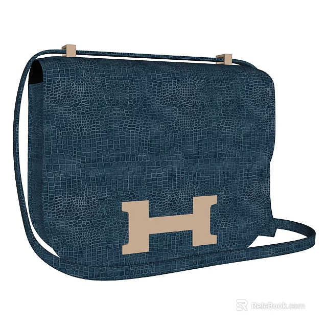 Blue Crocodile Pattern Leather Handbag With Beige H Shaped Logo And Crossbody Strap 3d model 