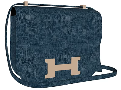 Blue Crocodile Pattern Leather Handbag With Beige H Shaped Logo And Crossbody Strap 3d model