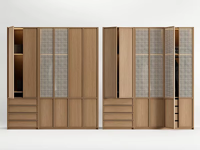 Modern Wooden Wardrobe Featuring Grid Pattern Doors And Bottom Drawer Storage 3d model