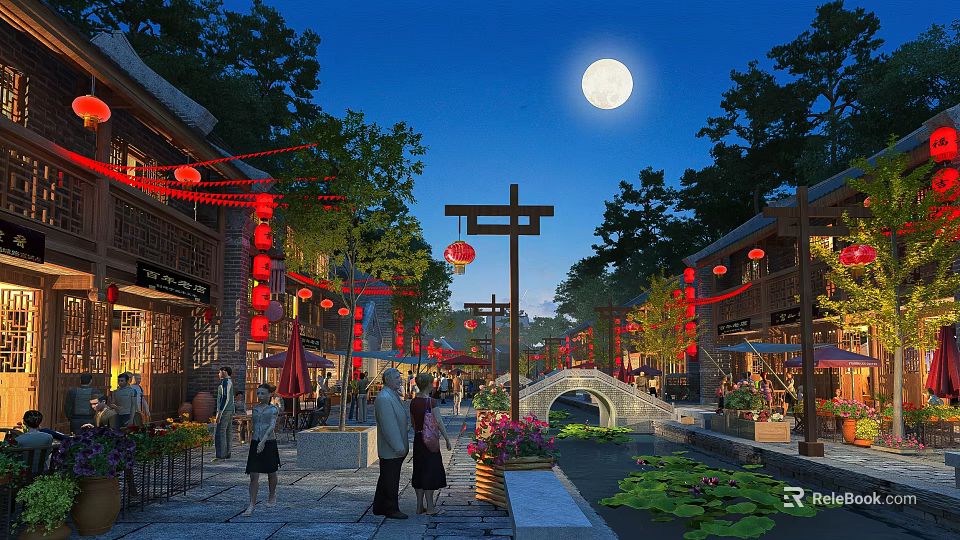 Traditional Commercial Street at Night with Full Moon Red Lanterns Small Bridge and Lotus Pond 3d model 