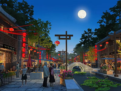 Traditional Commercial Street at Night with Full Moon Red Lanterns Small Bridge and Lotus Pond 3d model