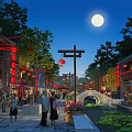 Traditional Commercial Street at Night with Full Moon Red Lanterns Small Bridge and Lotus Pond