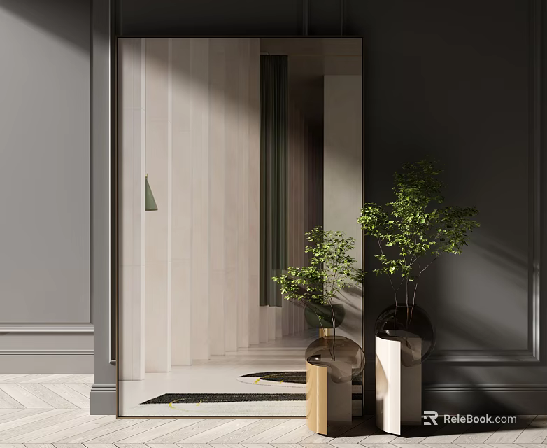 Elegant Modern Entryway Design With Large Mirror Green Plants And Soft Light 3d model 