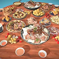 Assorted Delicious Foods on Round Wooden Table with Meats Fruits Pastries Sauces and Golden Teapot