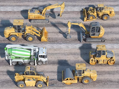 Various Types of Utility Vehicles Including Excavators Loaders Mixers and Rollers on Site 3d model