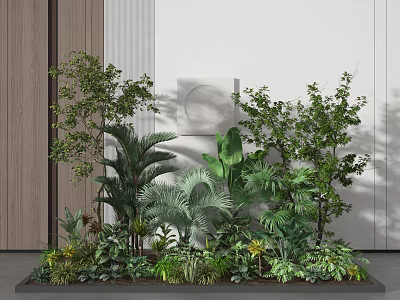 Indoor Garden With Various Green Plants Shrubs Trees Against Light Wall Wooden Panel 3d model