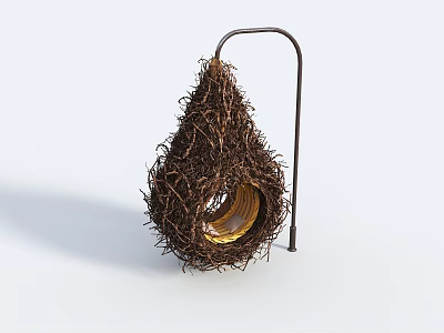 Teardrop Shaped Garden Ornament Made Of Straw With Circular Entrance And Metal Stand 3d model