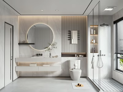 Modern Bathroom Interior Design With Round Mirror Vanity Toilet And Shower Area 3d model