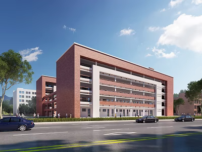 Modern Red Brick School Building Exterior With Multi Storey Structure And Green Trees 3d model