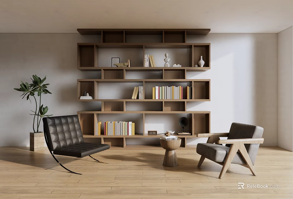 Stylish Modern Bookshelf With Books Decor Items And Cozy Chairs Near Green Plant 3d model 