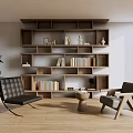 Stylish Modern Bookshelf With Books Decor Items And Cozy Chairs Near Green Plant