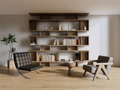 Stylish Modern Bookshelf With Books Decor Items And Cozy Chairs Near Green Plant 3d model