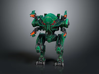 Sci Fi Green Armored Mechanical Creature With Red Eyes And Robotic Limbs 3d model
