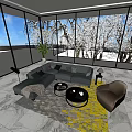 Modern Living Room Interior With Sofa And Coffee Table Set Large Windows Marble Floor Yellow Rug