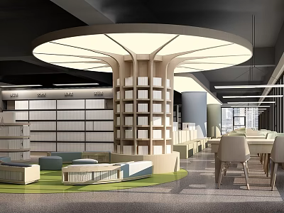 Book Art Inspired Modern Library Interior Design With Circular Bookshelf Structure And Spacious Seating Area 3d model
