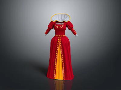 Red Victorian Style Long Dress With White Ruffled Collar And Yellow Trims 3d model