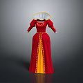 Red Victorian Style Long Dress With White Ruffled Collar And Yellow Trims