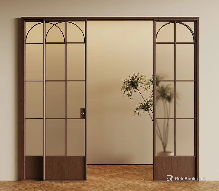 Stylish Wooden Frame Sliding Doors With Glass Panels Arched Design Indoor Plant And Wooden Floor 3d model 