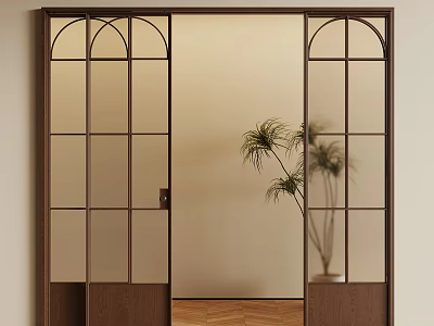 Stylish Wooden Frame Sliding Doors With Glass Panels Arched Design Indoor Plant And Wooden Floor 3d model