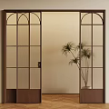 Stylish Wooden Frame Sliding Doors With Glass Panels Arched Design Indoor Plant And Wooden Floor