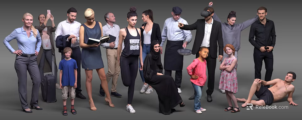 Diverse Group of People Standing Together With Various Attire and Activities 3d model 